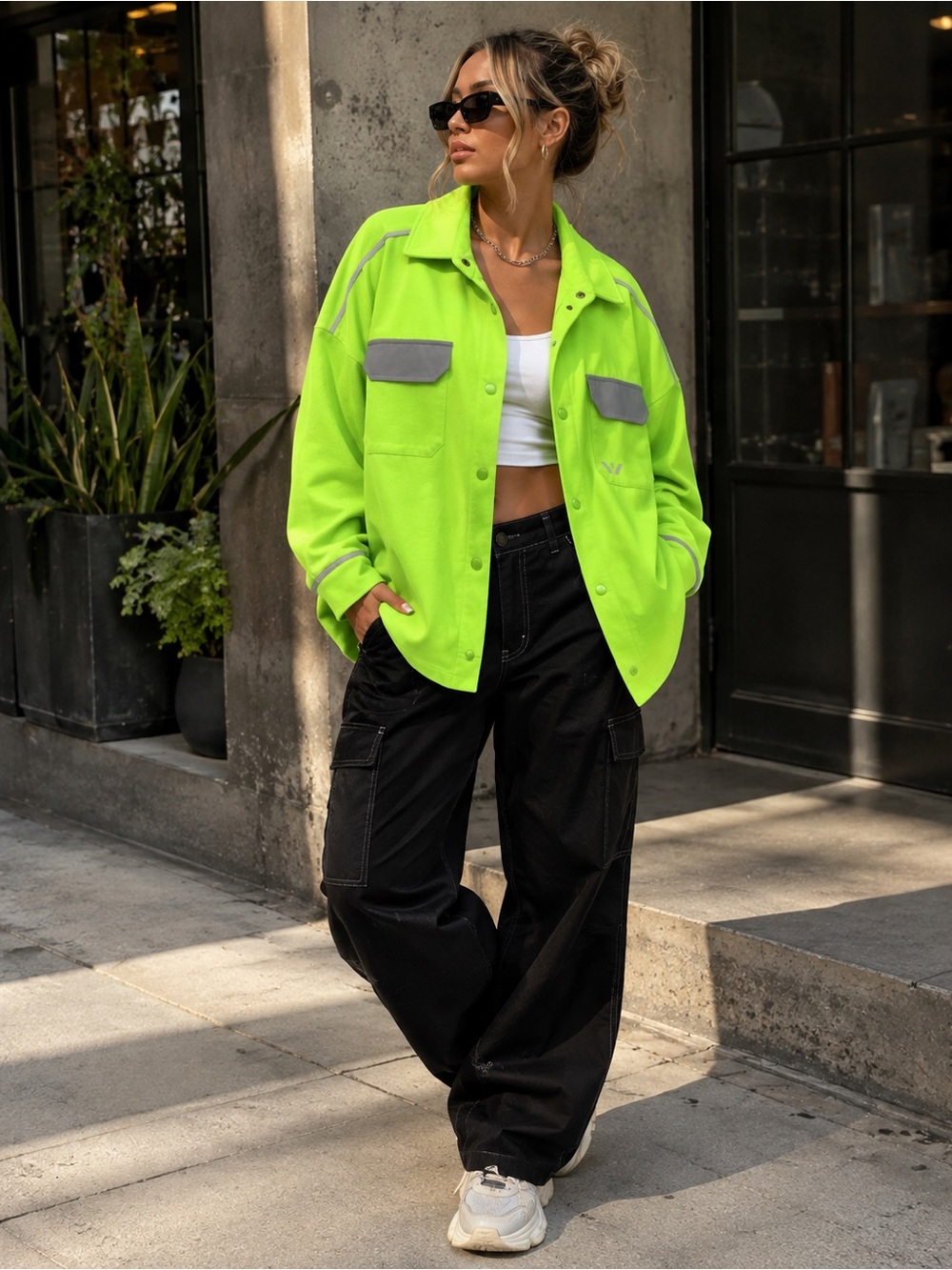 Criminal Damage London Neon Green Oversized Reflective Shacket Jacket Sz 8